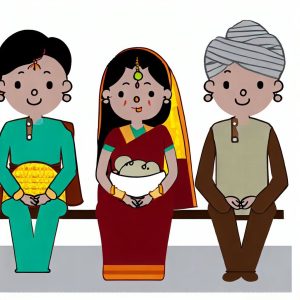 3 femei dintre care una gravida alta cu bebe in brate si o femeie mai batrana